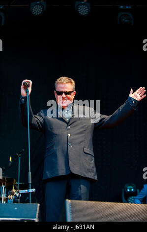 Wirral, UK. 19th May 2017.  Suggs performs with his legendary band, Madness, at Wirral Live, a huge 3 day concert at Prenton Park, Wirral.  The concert is being headlined by Madness on Friday, The Libertines on Saturday, and Little Mix on Sunday.  Supporting artists are Courts, The Rhythm Method, The Farm, The Humingbirds, The Coral, Anton Powers, Bronnie, Mic Lowry and Conor Maynard. © Paul Warburton Stock Photo