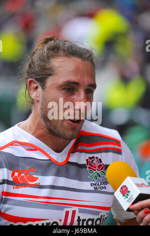 London, UK. 20th May, 2017. Daniel Bibby (ENG) being interviewed after the England V Spain match at Twickenham Stadium, London, UK. The match was part of the the finale of the HSBC World Rugby Sevens Series.  The match took place as part of the finale of the HSBC World Rugby Sevens Series. The series culmination saw 17 international teams competing (in rapid 14 minute long matches) to be the London title champions. Credit: Michael Preston/Alamy Live News Stock Photo