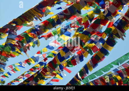 Colorful Buddhism prayer flags Dar Cho, lungta in Svayambunatkh temple. Stock Photo