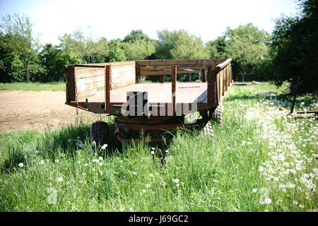 An old tractor trailer stands on a wild meadow and is overgrown. Stock Photo