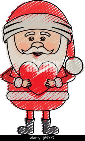 color crayon stripe cartoon of santa claus with heart in hands Stock Vector