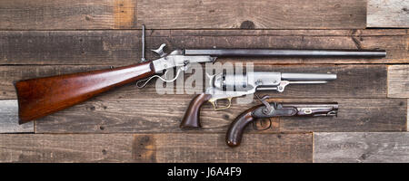 Antique American Civil War era rifle and pistols made from 1840-1863. Stock Photo