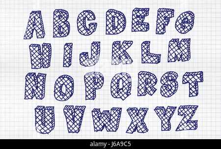 Hand drawn volumetric abc with cross hatching, doodle style. Blue letters over white squared paper background, sketch illustration Stock Photo