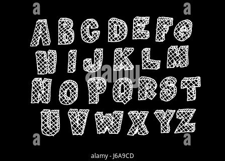 Hand drawn volumetric abc with cross hatching, doodle style. White letters over black background, sketch illustration Stock Photo