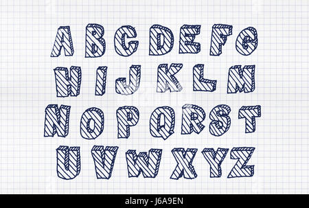 Hand drawn volumetric abc with hatching, doodle style. Blue letters over white squared paper background, sketch illustration Stock Photo