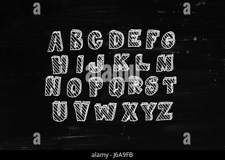 Hand drawn volumetric abc with hatching, doodle style. White letters over black chalkboard background, sketch illustration Stock Photo