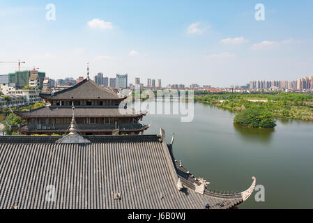 Meishan, Sichuan Province, China - Apr 29, 2017: aerial view of the city and the river from YuanJingLou building Stock Photo