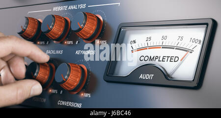 Hand turning an effort knob to the maximum for achieving success. Motivation concept. Composite image between a hand photography and a 3D background. Stock Photo