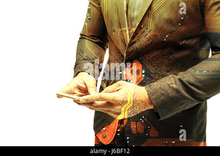 Double exposure of Electric circuit technology graphic. Business man suit hand using smart phone with white background. Chatbot marketing concept. Ora Stock Photo