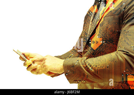 Double exposure of Electric circuit technology graphic. Business man suit hand using smart phone with white background. Chatbot marketing concept. Ora Stock Photo