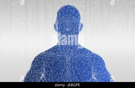 Artificial intelligence (ai), Machine learning , deep learning , robot age and neural networks concept. Wireframe of human or robot on binary coded ba Stock Photo