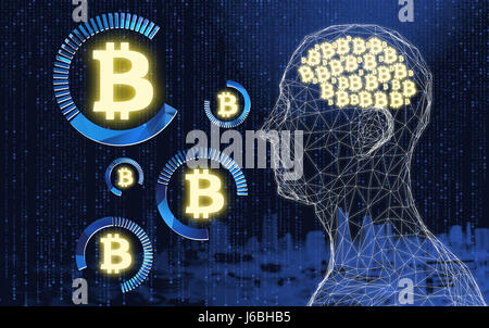 Fintech Financial Technology concept image. Digital currencies , cryptocurrency , digital money and bitcoin concept. Wireframe of human , brain. 3d Re Stock Photo