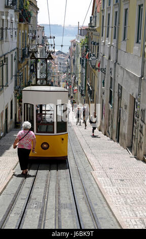 Ascensor da Bica, funicular tramway on steep hill, in Lisbon, Portugal Stock Photo