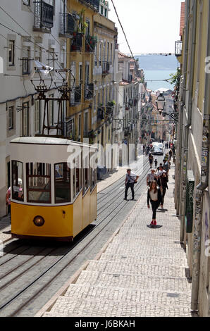 Ascensor da Bica, funicular tramway on steep hill, in Lisbon, Portugal Stock Photo