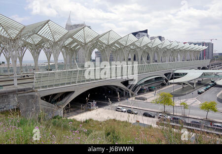 Portugal, Lisbon Oriente railway station, transport interchange, seen from adjacent hillside Stock Photo