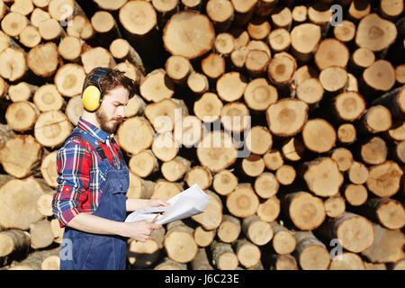 Side view portrait of man working on timber cutting site, reading documentation standing against pile of wood logs