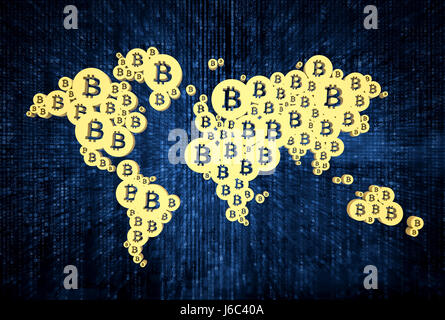 Cryptocurrency, blockchain and bitcoin concept. Distributed ledger technology. Fintech, Financial and technology concept. Golden Bit coin map shape po Stock Photo