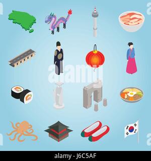 South Korea set icons, isometric 3d style Stock Vector