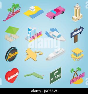 Miami set icons, isometric 3d style Stock Vector