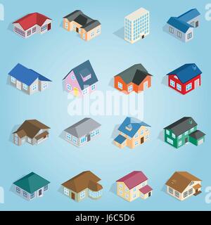 Town house cottage set icons, isometric 3d style Stock Vector