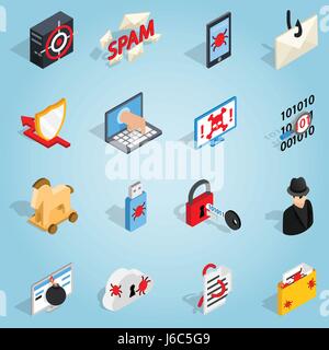 Hacking set icons, isometric 3d style Stock Vector