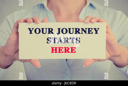 Your Journey Starts Here Sign on white paper. Man Hand Holding Paper ...