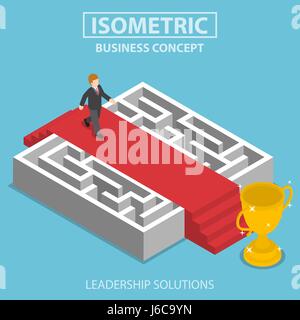 Flat 3d isometric businessman walking on red carpet over the maze, business solution and leadership concept Stock Vector
