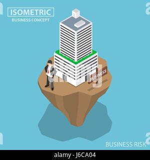 Flat 3d isometric businessman build business building on unstable land, business and investment risk concept Stock Vector