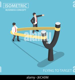 Flat 3d Isometric businessman preparing to fly by Y-shaped slingshot catapult, start up business and career development concept Stock Vector