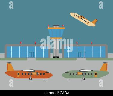 Vintage  Passenger turboprop Airplane and Airport Layout  Vector Illustration Stock Vector