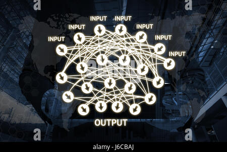 Deep learning , Machine learning and artificial intelligence concept. Infographic of deep learning with abstract man holding tablet background Stock Photo