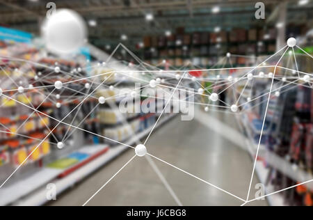 Deep learning , Neural networks , Machine learning and artificial intelligence concept. Atom connect with blur retail shop store background Stock Photo