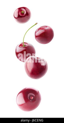 Isolated flying berries. Five falling sweet cherry fruits isolated on white background with clipping path Stock Photo