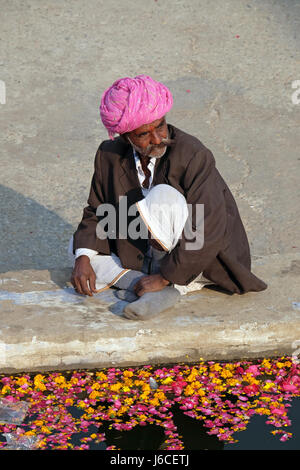 Hindu man offers prayers at the holy lakeside, Pushkar Sarovara, Hindu pilgrimage site, Rajasthan, India Stock Photo