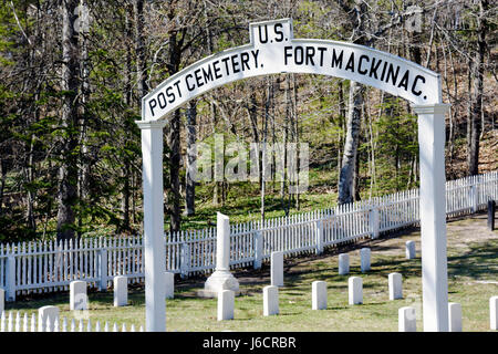 Mackinac Island Michigan,Historic State Parks Park Mackinaw,Straits of,Lake Huron,Garrison Road,Post Cemetery,entrance gate,grave,tombstone,MI09051107 Stock Photo