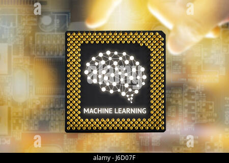 Machine learning and artificial intelligence concept. Brain connection learning on central processor (cpu). Abstract Electric circuits background and  Stock Photo