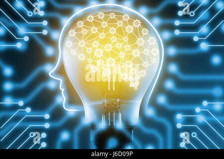 Machine learning and artificial intelligence concept. Fintech Financial Technology concept. Robot brain with gears connection. Light bulb and Electric Stock Photo