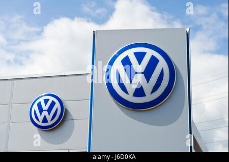 Volkswagen branding on dealership in Newport, South Wales, UK Stock Photo