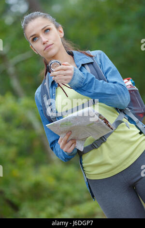 Female hiker using map and compass Stock Photo - Alamy