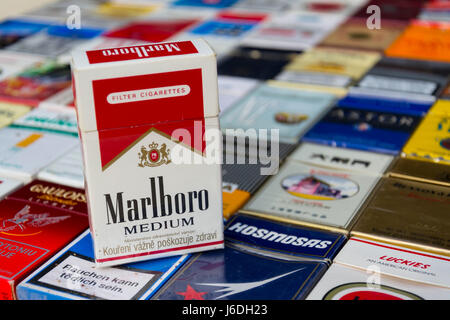 PRAGUE, CZECH REPUBLIC - MARCH 25: Marlboro pack on many different cigarettes photographed on March 25, 2017 in Prague, Czech republic. Stock Photo