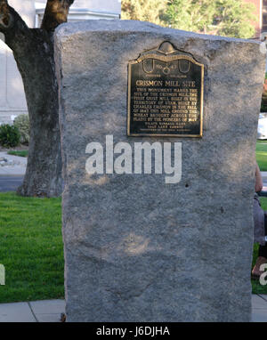 Portrait of the Monument Stone to the Crismon Mill Site, City Creek, Canyon Road, Salt Lake City, Utah, USA Stock Photo
