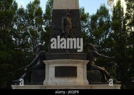 Native American, Fur-Trapper, Pioneer Man, Woman, Child sculptures, base Brigham Young Monument, Main and South temple Streets, Salt Lake City, Utah Stock Photo