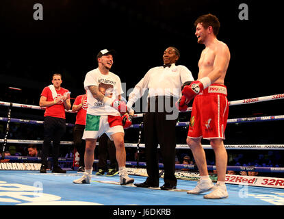 Mitchell Smith (left) celebrates winning against Lee Connelly in the Lightweight Contest at The Copper Box, London. Stock Photo