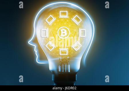 Blockchain network concept and bitcoin icons, Light bulb and computer network connect on blue background. Distributed ledger technology. Stock Photo
