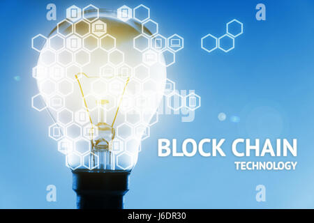 Distributed ledger technology . Light bulb, block chain text and blockchain icons with blue background ,cryptocurrencies or bitcoin concept. Flare lig Stock Photo