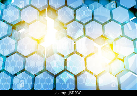Distributed ledger technology , bitcoin icon with hexagonal symbol blue background , cryptocurrencies or bitcoin concept , flare light , 3D illustrati Stock Photo