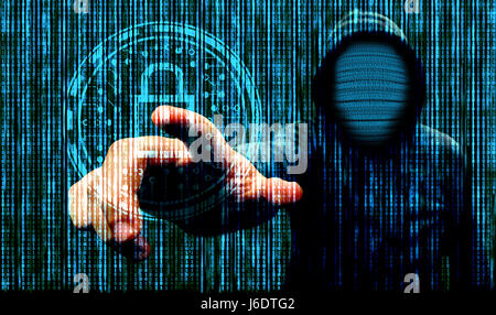 Computer Hacker point finger to a screen , security icon and binary code face with abstract binary code background Stock Photo
