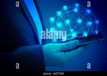 Internet of things (IOT) concept . Business woman hand holding tablet with Wifi connect icons with abstract background. blue tone image Stock Photo