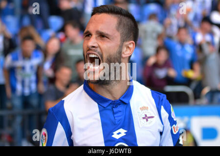 Andone celebrates his second goal. LA CORUNA SPAIN. MAY 20, 2017 - La Liga Santander match day 38 game. Deportivo La Coruna defeated Las Palmas with g Stock Photo