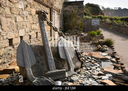 UK, Cornwall, St Austell, Charlestown, anchor sign of Harbour Lights, ‘Amazing Spaces’ TV programme's restored house, beside, clifftop coastal path Stock Photo